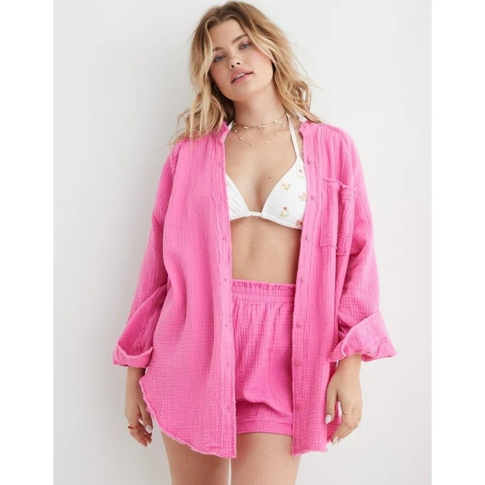 Aerie Pink M Gauzy Pool-To-Play Cover Up Shirt Button Down Oversized Waffle
